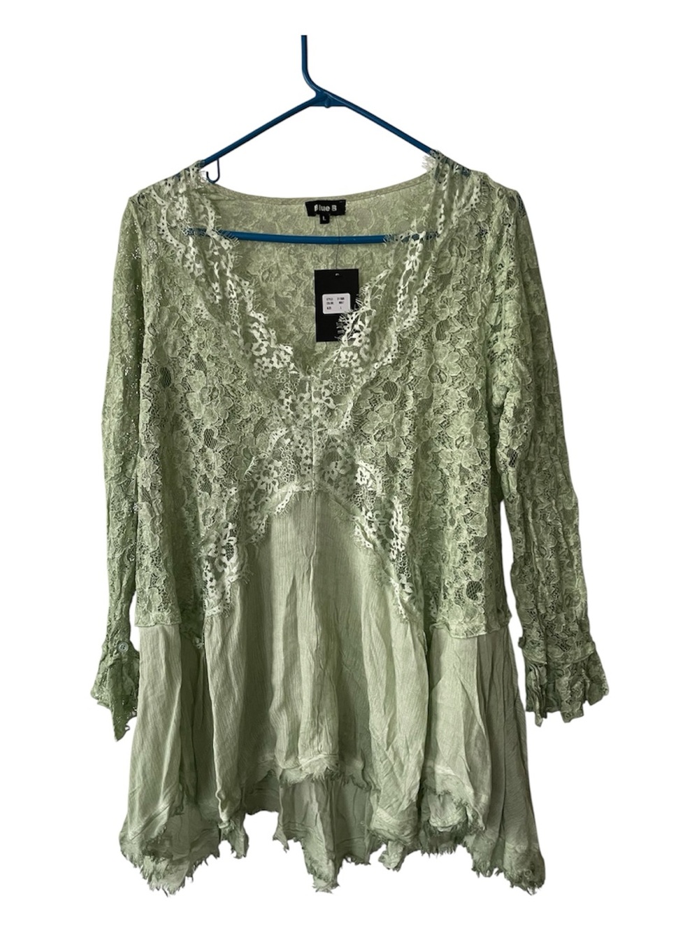 Light Sage Lace-Panel Tunic Top with Flowing Hem